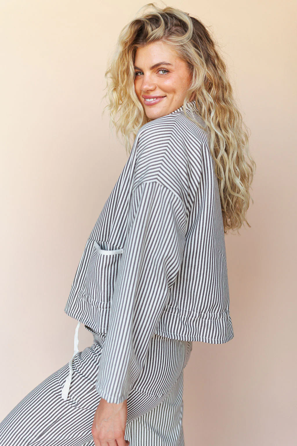 FINAL SALE - Casey Pinstripe Jacket in Mocha - Image 3