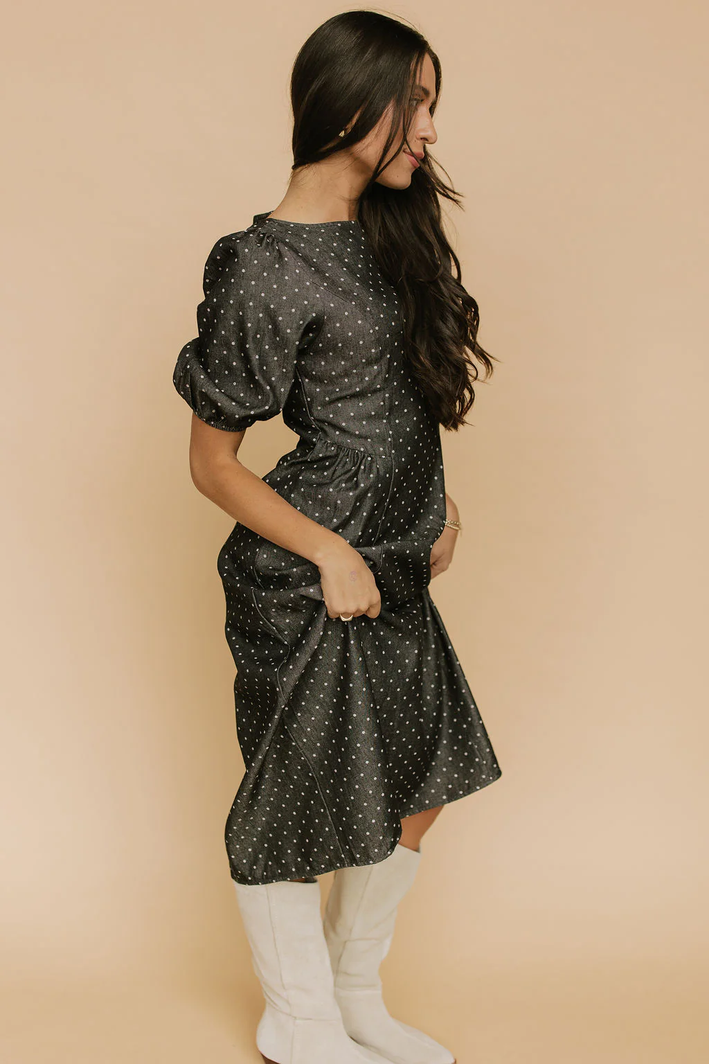 Denim Dot Dress in Black - Image 4