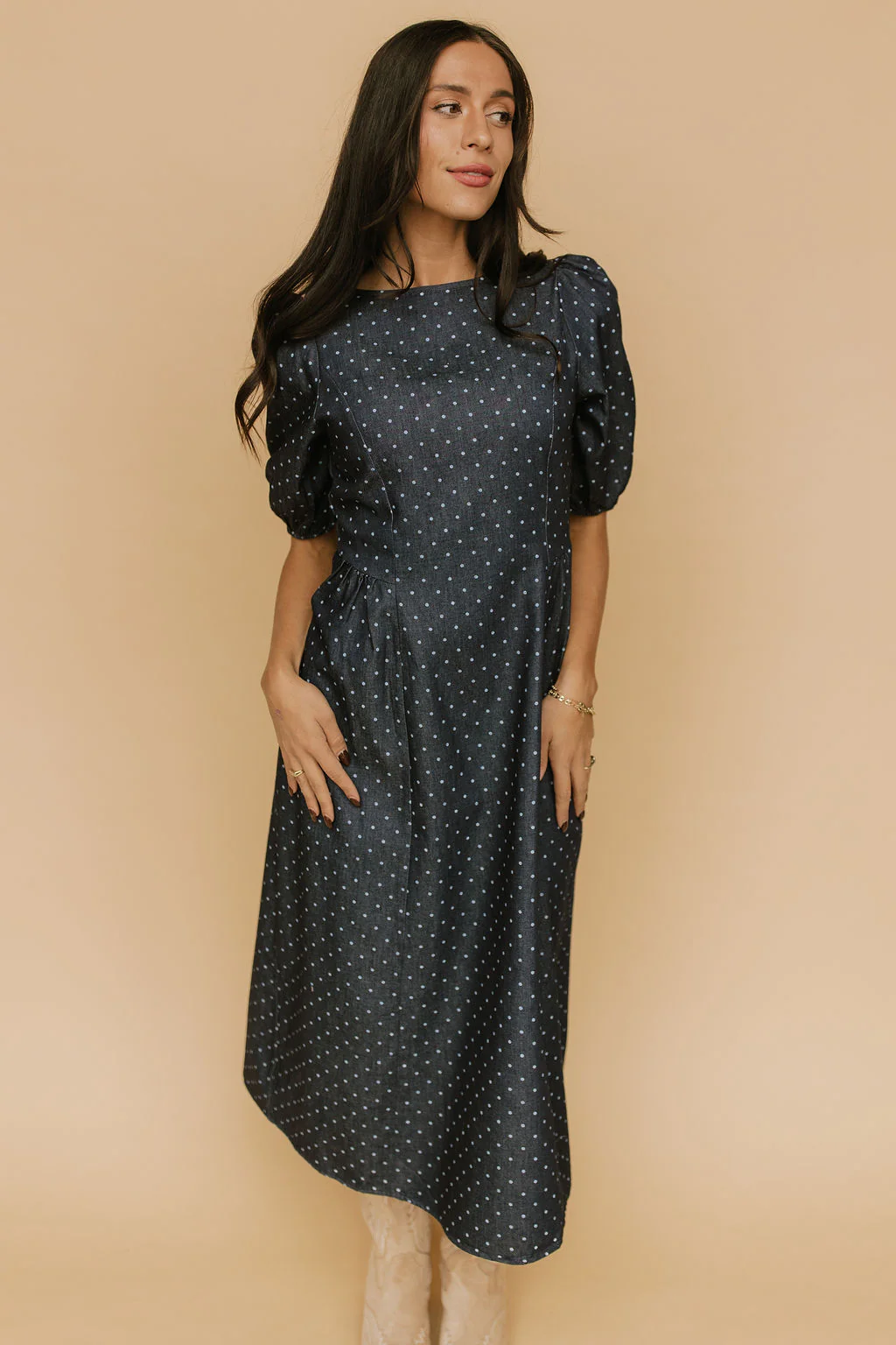 Denim Dot Dress in Blue - Image 2