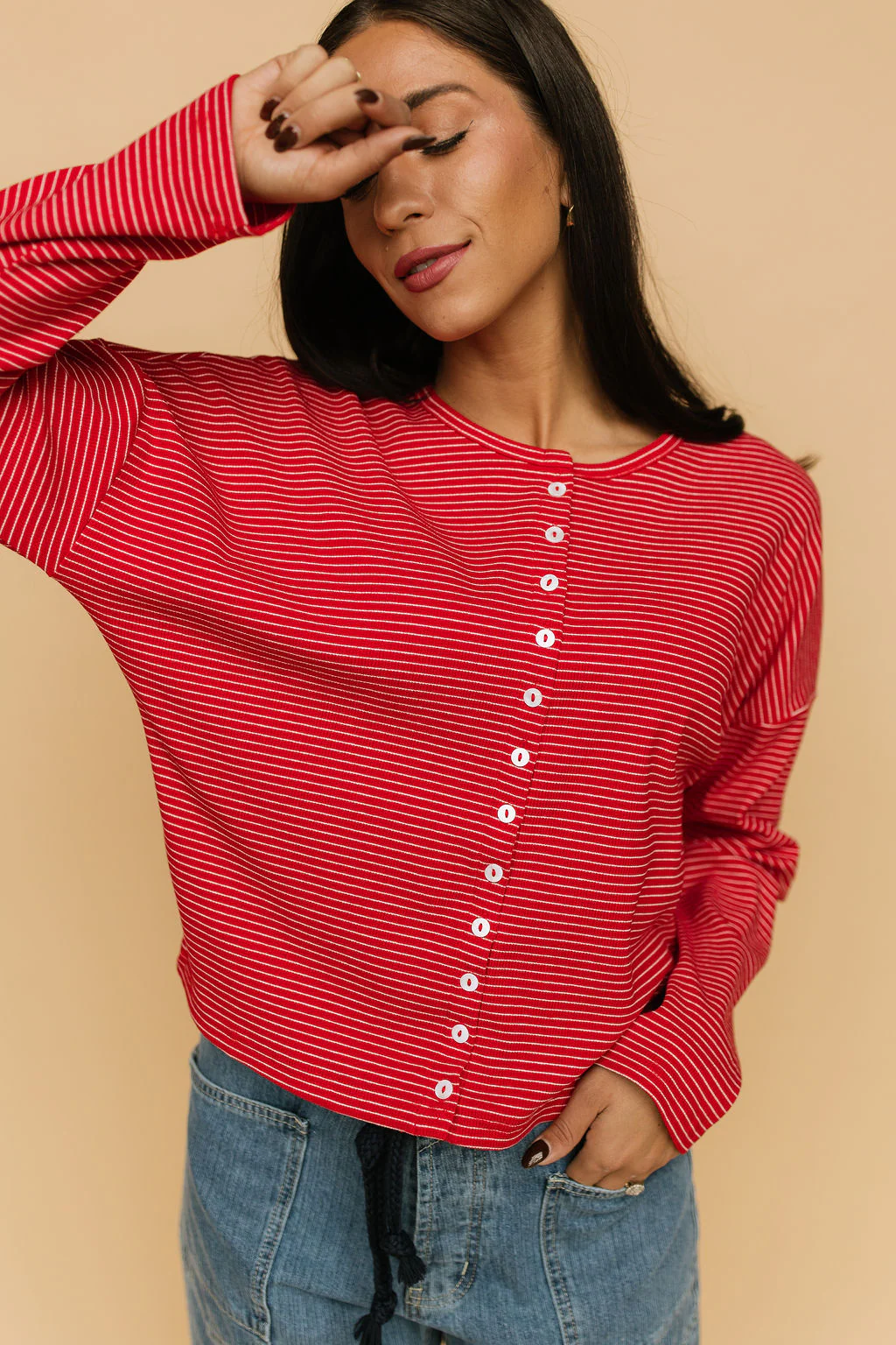 Elsie Pinstripe Top in Red - Image 3
