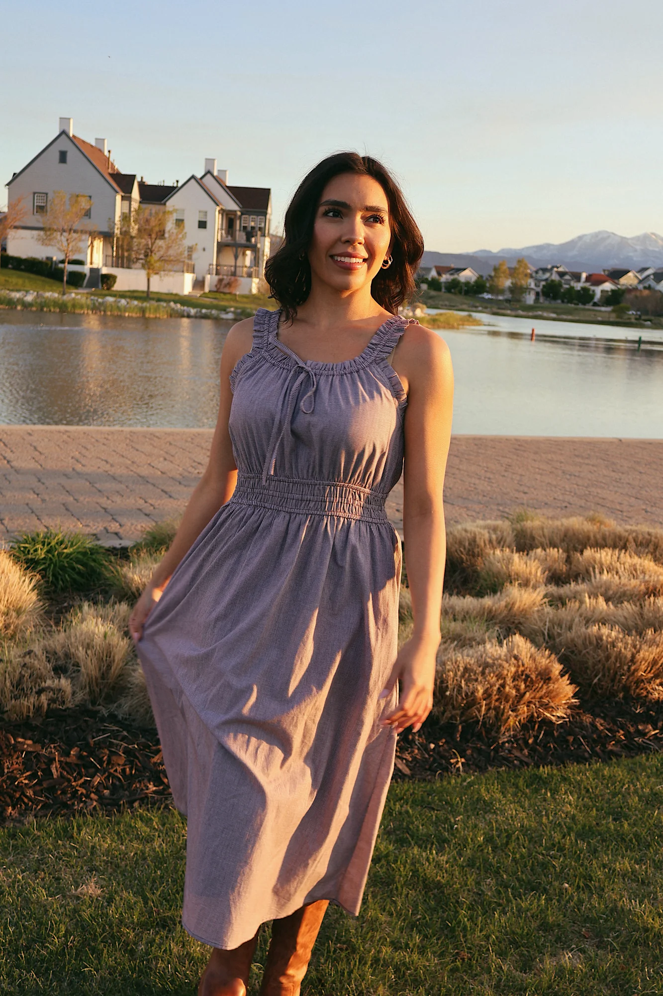 Georgia Gingham Dress in Charcoal - Image 4