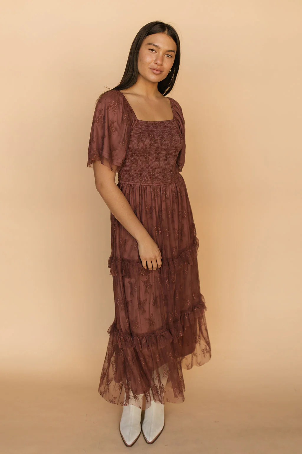 Hallie Mesh Maxi Dress in Chocolate