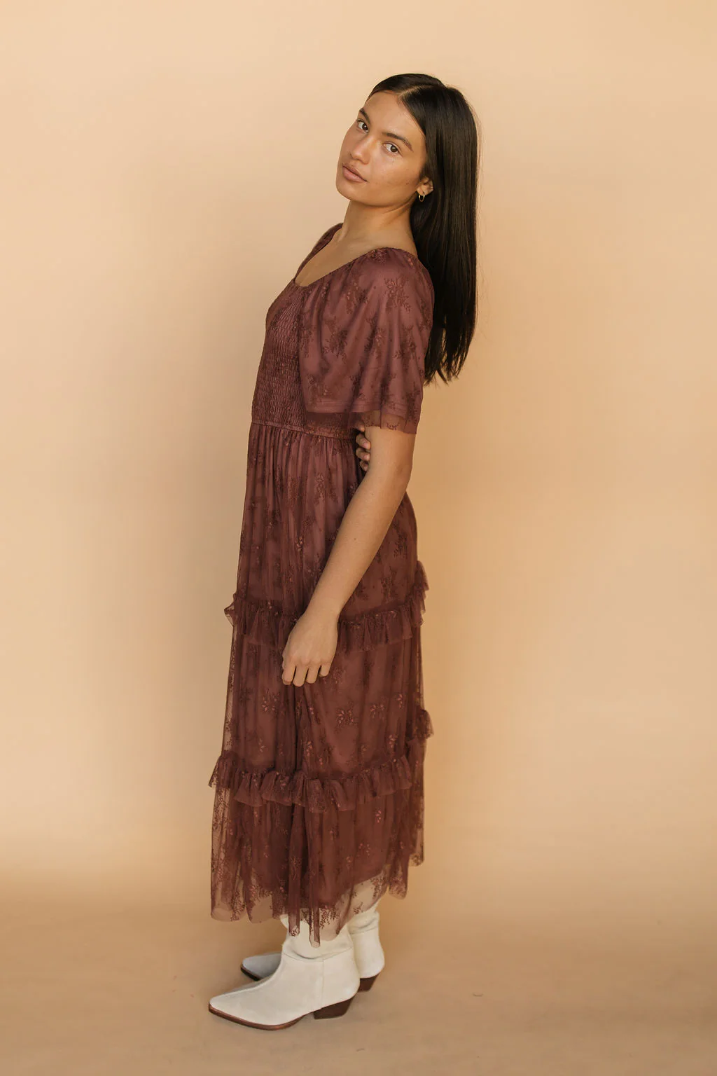 Hallie Mesh Maxi Dress in Chocolate - Image 3