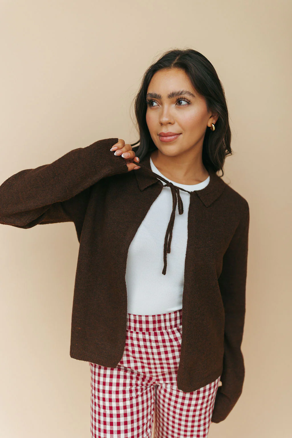 Kat Bow Tie Open Cardigan in Brown
