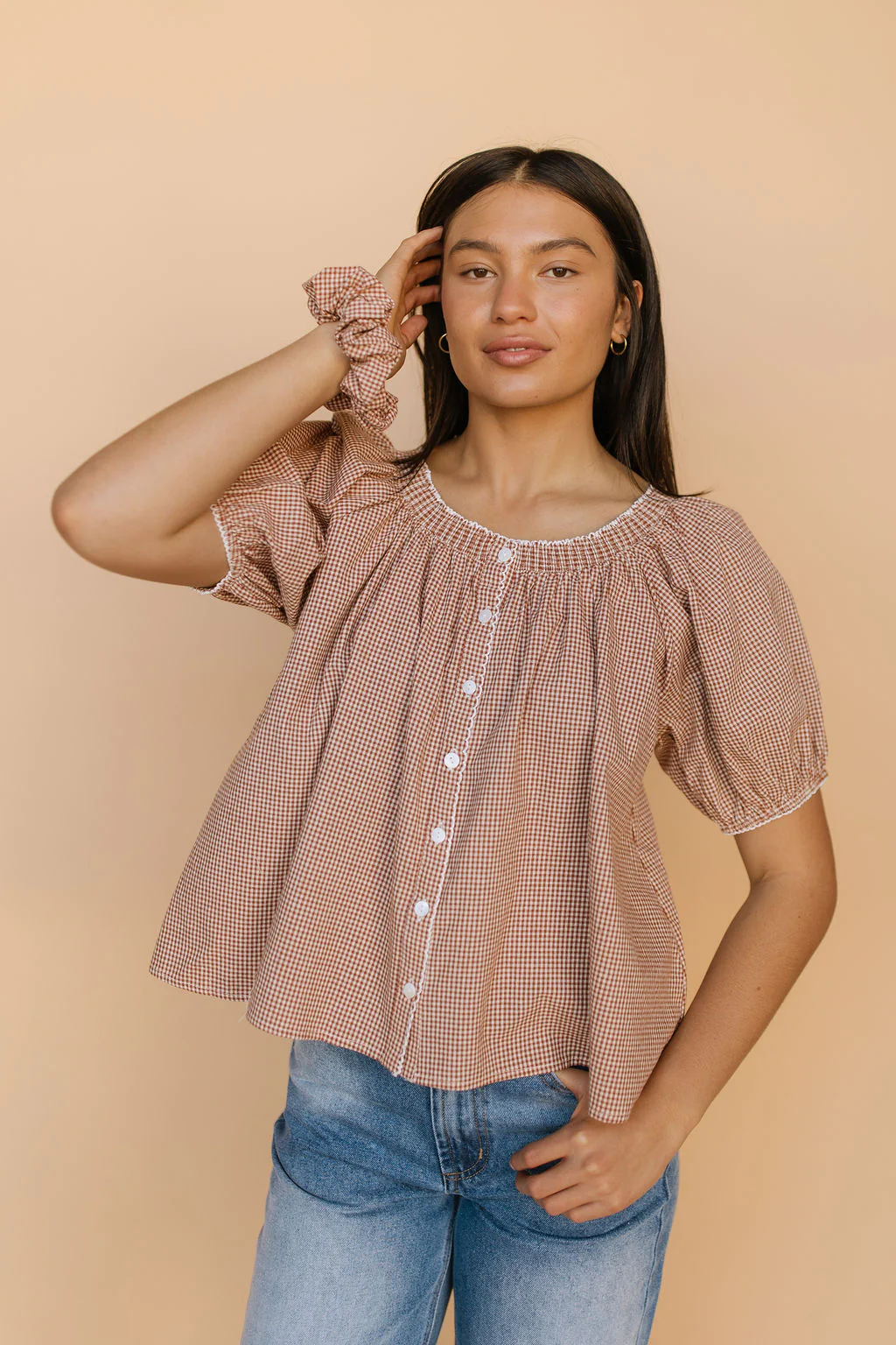 Quincy Gingham Top in Brown - Image 3